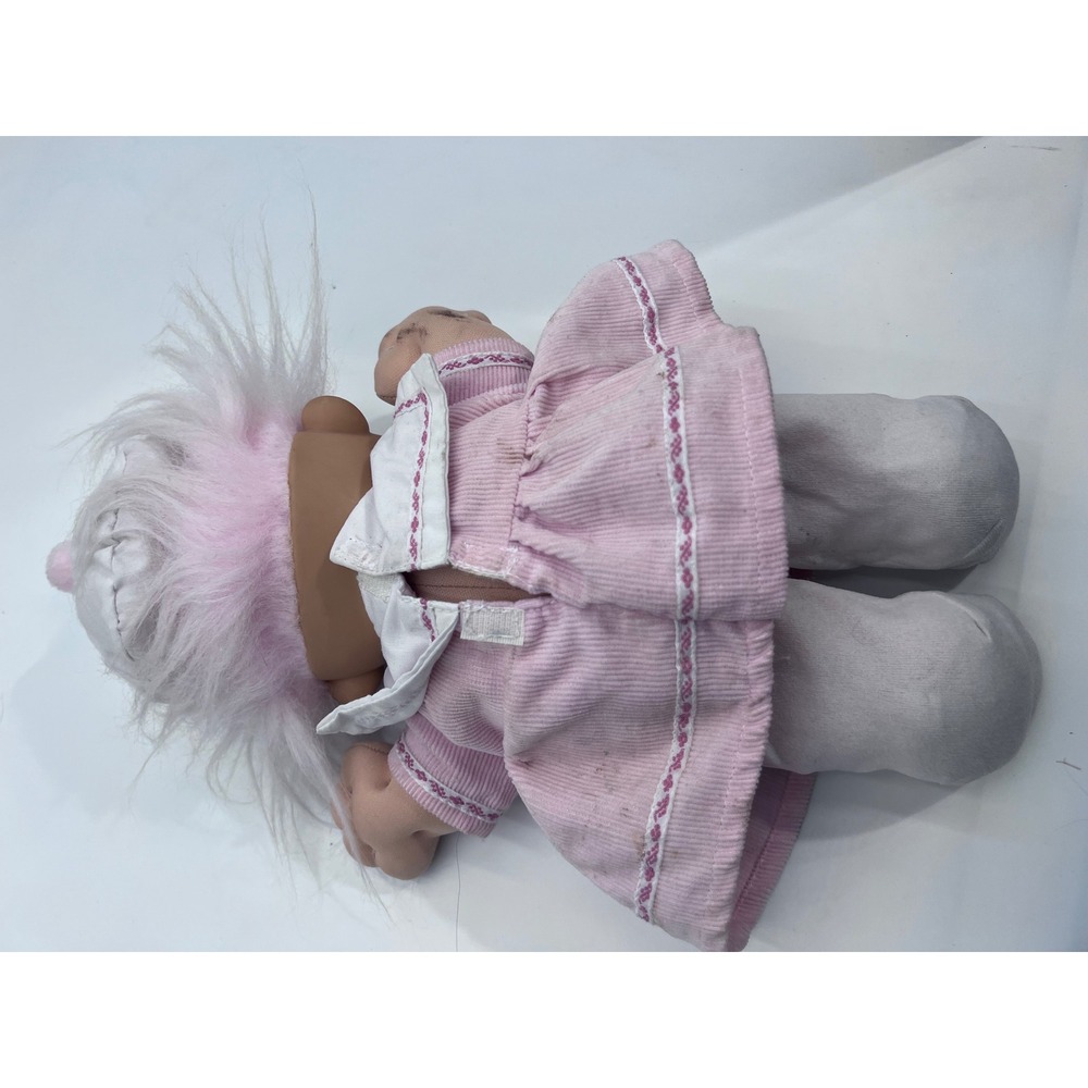 Vintage Plush Troll Doll Pink Hair Blue Eyes Pink Corduroy Dress 14 Inch 90s Toy - Picture 2 of 5